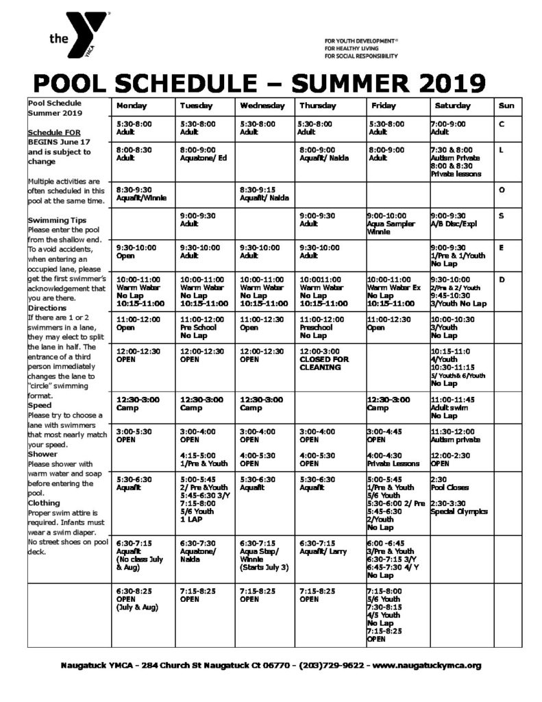 Summer Pool Schedule – NAUGATUCK YMCA