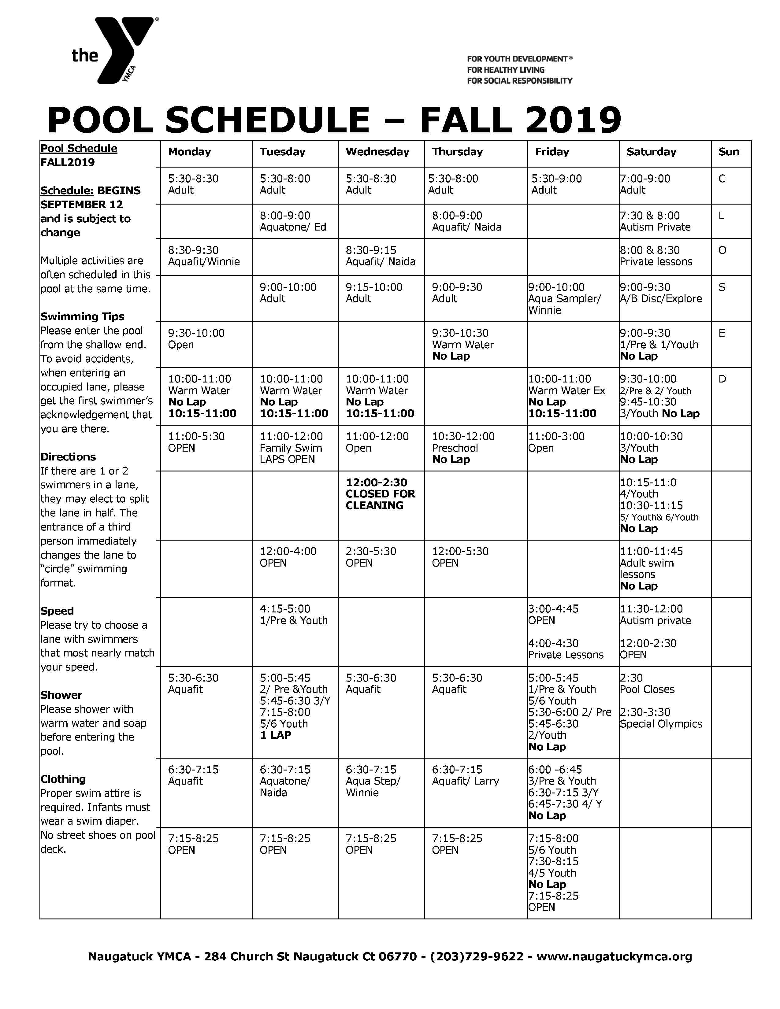 Pool Schedule – FALL 2019 – NAUGATUCK YMCA